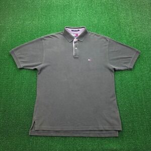 Tommy Hilfiger Polo Shirt Mens Large Hunter Green Short Sleeve Trim Pique Golf